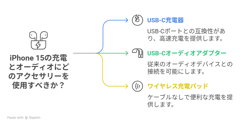 iPhone 15 の充電とオーディオアクセサリー